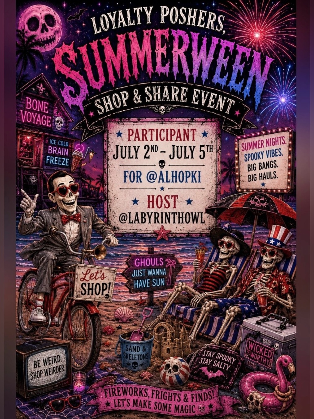 Summerween Shop & Share Event Poster - Purple Pink with @labyrinthowl